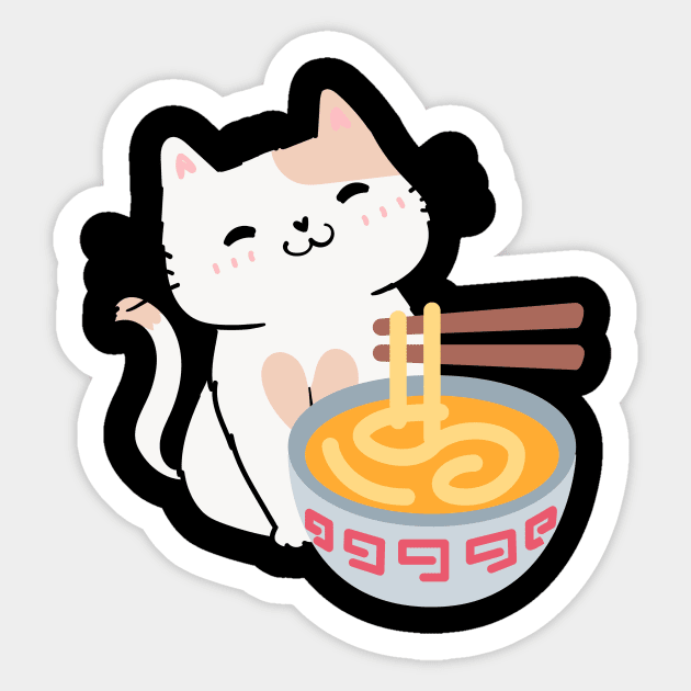 Cute Cat Eating Ramen Sticker by CrazilykukuDesigns